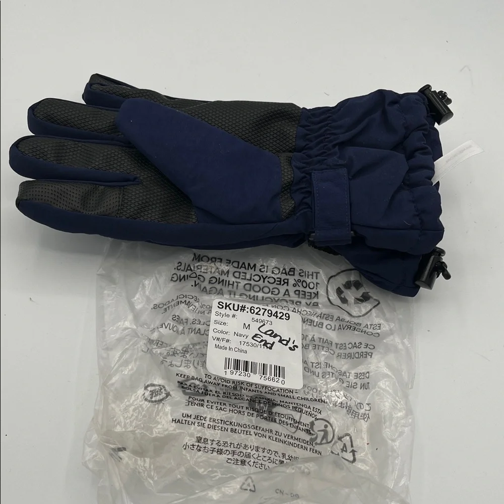 Lands End Kids Winter Gloves M Navy Blue  Self-Close Strap Wrist Toggle NWOT